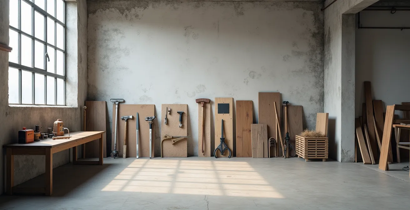 Professional workspace showing organized tools from startup to established company perspective