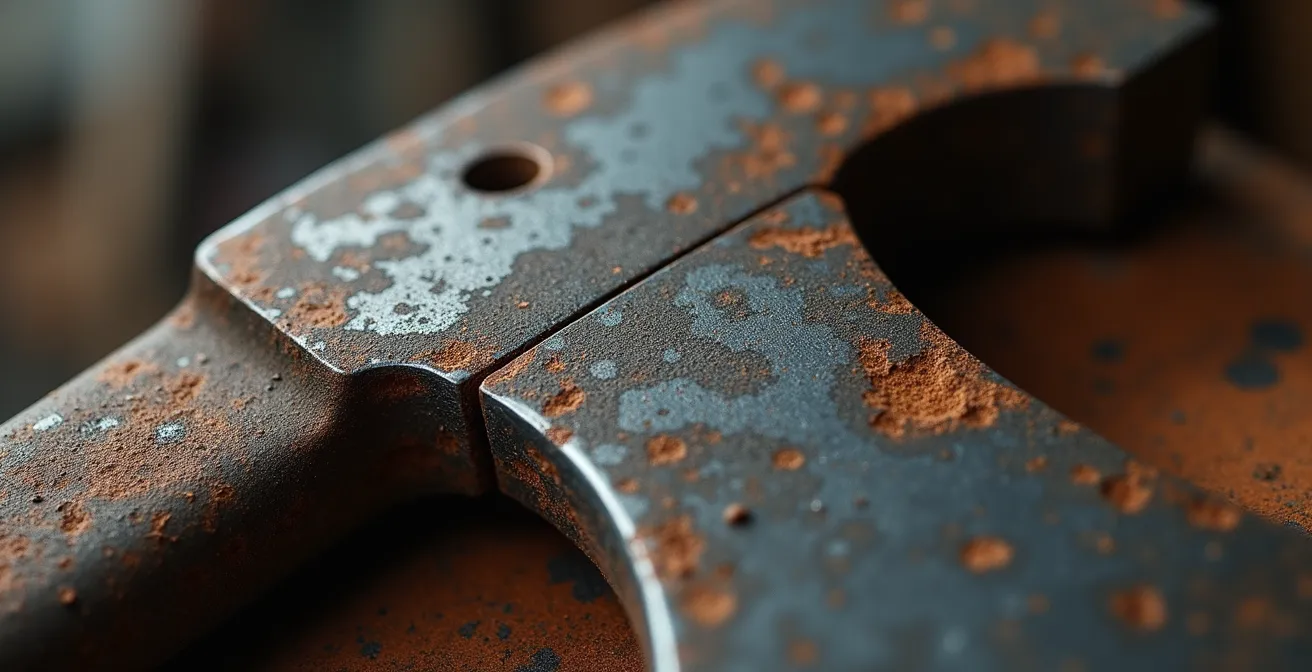 Macro shot of rusted metal surface showing wear patterns on roofing equipment