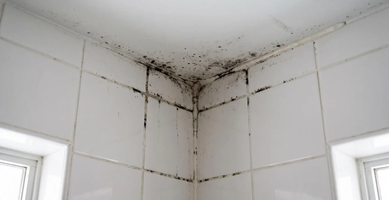 Black mould growth visible on white bathroom tile grout lines and ceiling corner junction showing moisture-related discoloration