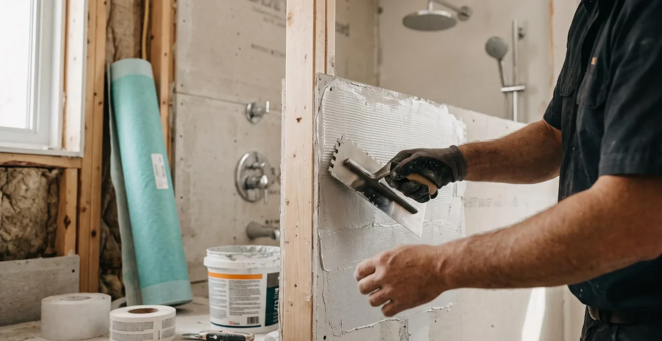 Contractor installing waterproof membrane on bathroom wall with trowel during renovation, with exposed backer board and framing visible in active construction setting