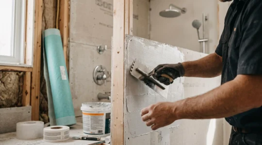 Contractor installing waterproof membrane on bathroom wall with trowel during renovation, with exposed backer board and framing visible in active construction setting