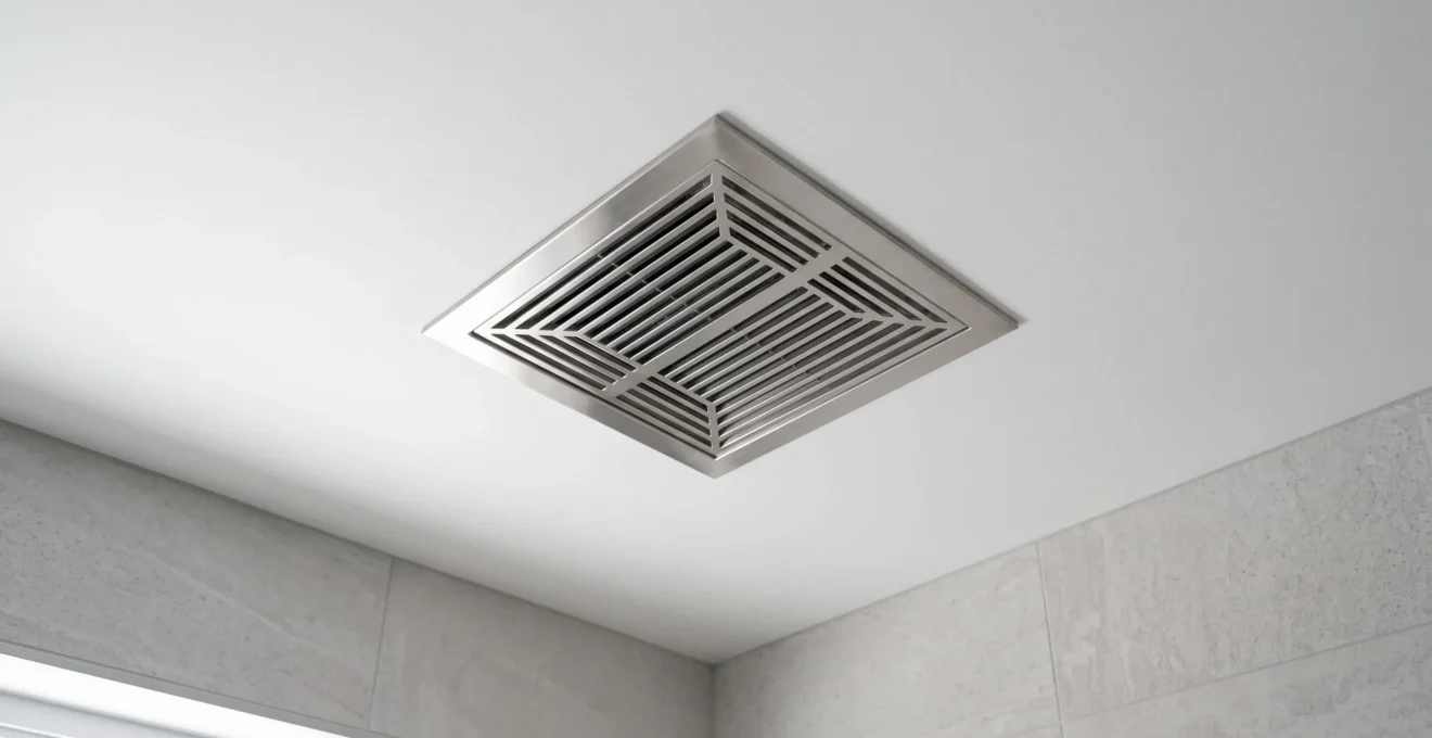 Modern CMV exhaust ventilation grille installed flush in bathroom ceiling with white finish and geometric louver pattern